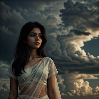 girl with saree and untied hair and cloud