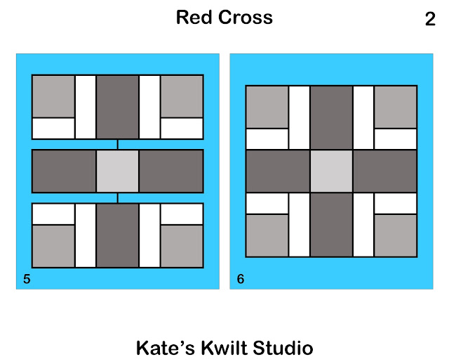 Rectangles and squares with connecting lines to signify how to assemble the Red Cross quilt block. Page 2 of 2.