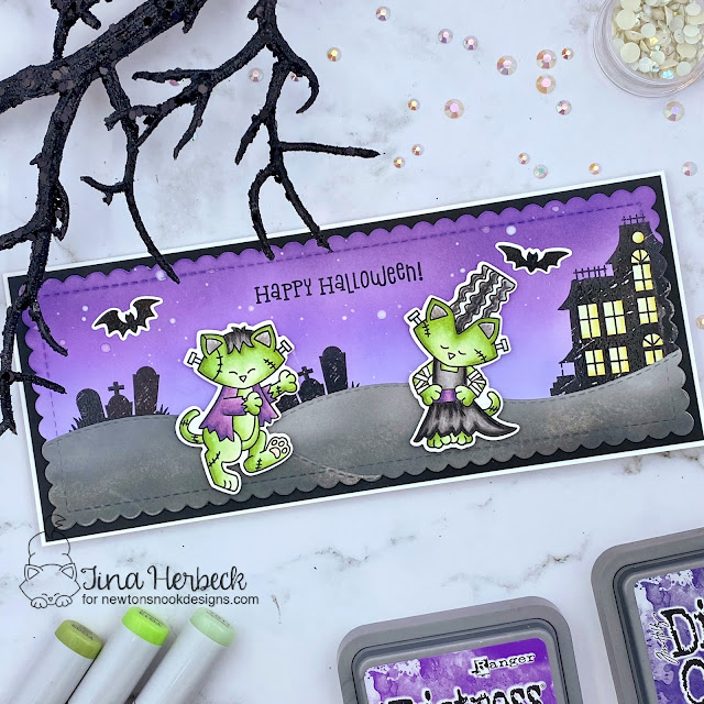 Frankenstein Cat Halloween Card by Tina Herbeck | Franken-Newton Stamp Set, Spooky Street Stamp Set, Count Newton Stamp Set and Slimline Frames & Portholes Die Set by Newton's Nook Designs