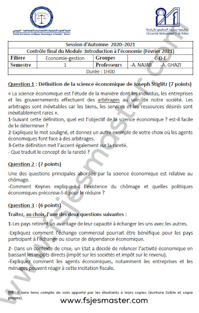 Exemple Examen Licence S1 Epreuve Introduction à l’économie - Fsjes Souissi