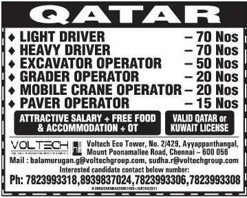 Qatar Large Job Vacancies Free food & Accommodation