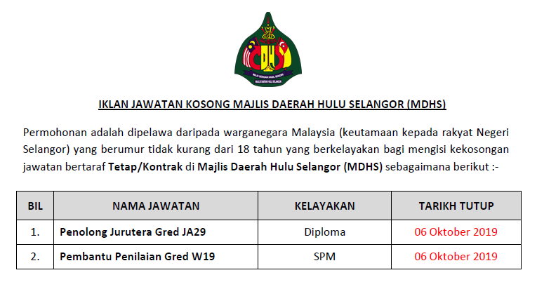 Jawatan Kosong Majlis Daerah Hulu Selangor (MDHS ...