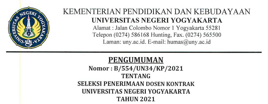 Rekrutmen Dosen Kontrak Universitas Negeri Yogyakarta  REKRUTMEN DOSEN KONTRAK UNIVERSITAS NEGERI YOGYAKARTA (UNY) TAHUN 2021