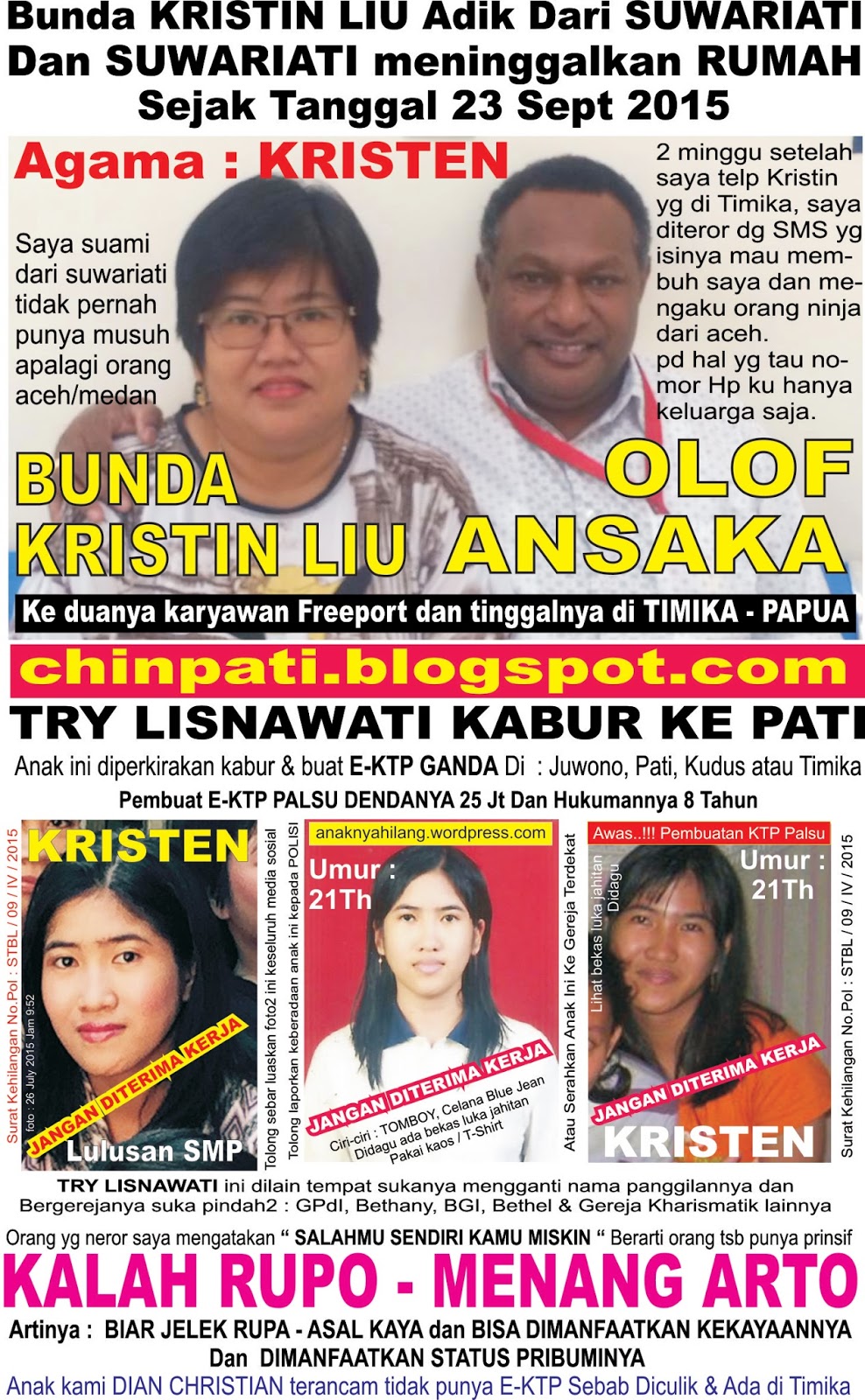 Anak hilang, Penculikan, EKTP Ganda / ASPAL, Istri kabur, Ipar yg