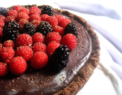 Raspberry and Blackberry Dark Chocolate Truffle Tart with a Teff Crust 