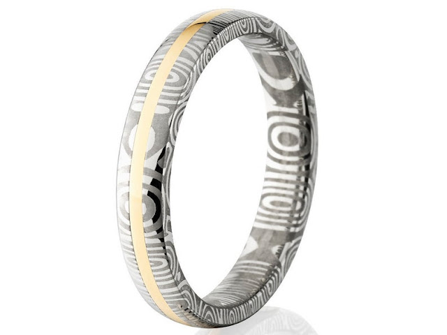 New 5mm Wide Damascus Steel with 14k Gold Ring - DS-5HR11G-14K