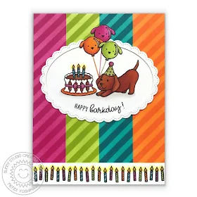 Sunny Studio: Party Pups & Devoted Doggies Birthday Card by Mendi Yoshikawa (featuring stripes from Background Basics stamps & Fancy Frames Oval dies)