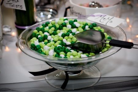 The aforementioned candy buffet full of a variety of green and white candy