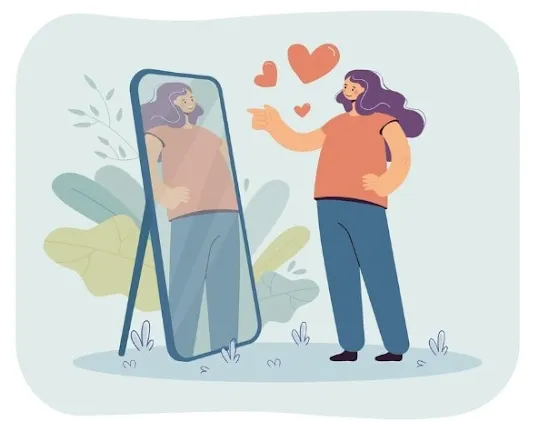 거울 속의 자신을 애정하는 여성 일러스트