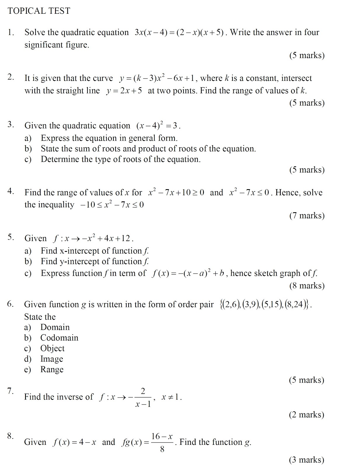 Topical Test Function Quadratic Equation Addmath F4