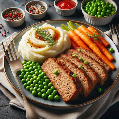 Auf dem Bild ist ein Hackbraten in Scheiben aufgeschnitten zu sehen. Daneben eine Portion cremiges Kartoffelpüree mit Möhren und Erbsen. Die Mahlzeit sieht sehr lecker und appetitlich aus.