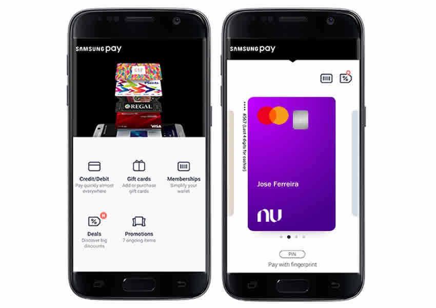 Imagem mostra um fundo branco com 2 smartphone onde mostra o app Samsung Pay e o cartão Nubank.