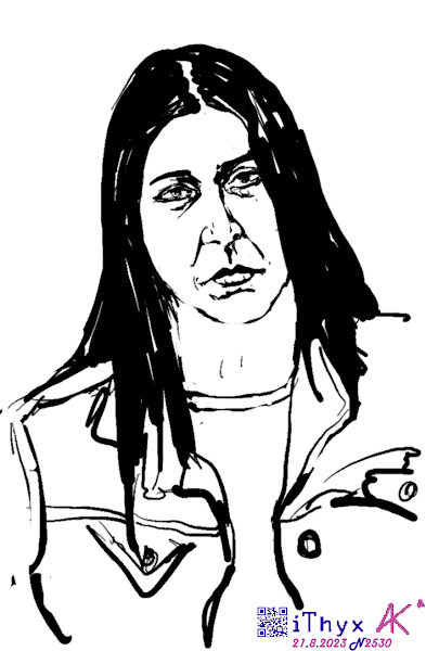 Чем-то немного расстроенная женщина, с длинными темными волосами, в джинсовой куртке. Автор рисунка: художник #iThyx