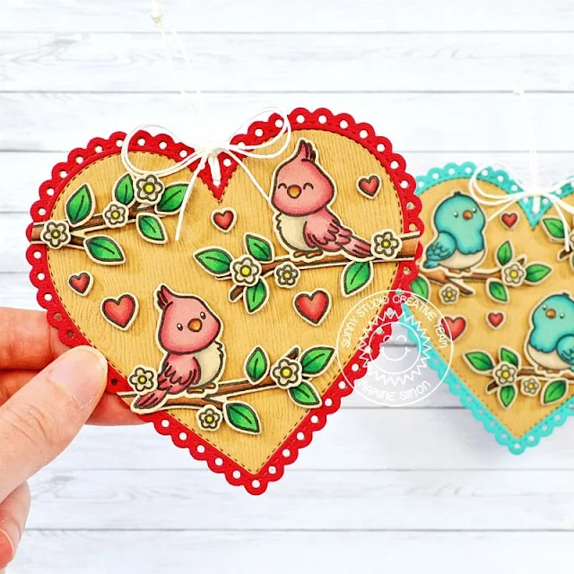 Sunny Studio Stamps: Love Birds Valentine Ornaments by Marine Simon (featuring Scalloped Heart Dies, Stitched Heart Dies)