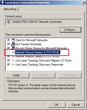 Propriedades da Placa de rede - desabilite ipv6