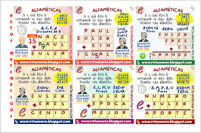 Desafíos matemáticos, Retos matemáticos, Problemas matemáticos, Problemas de lógica, Problemas matemáticos, Acertijos, Alfamética, Criptoaritmética, Criptograma, Criptosuma, Juego de letras, Suma de letras, Suma de palabras, Euler, Día de Euler, Día del número e