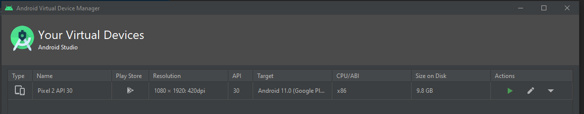 Virtual Devices Pixel 2 API 30