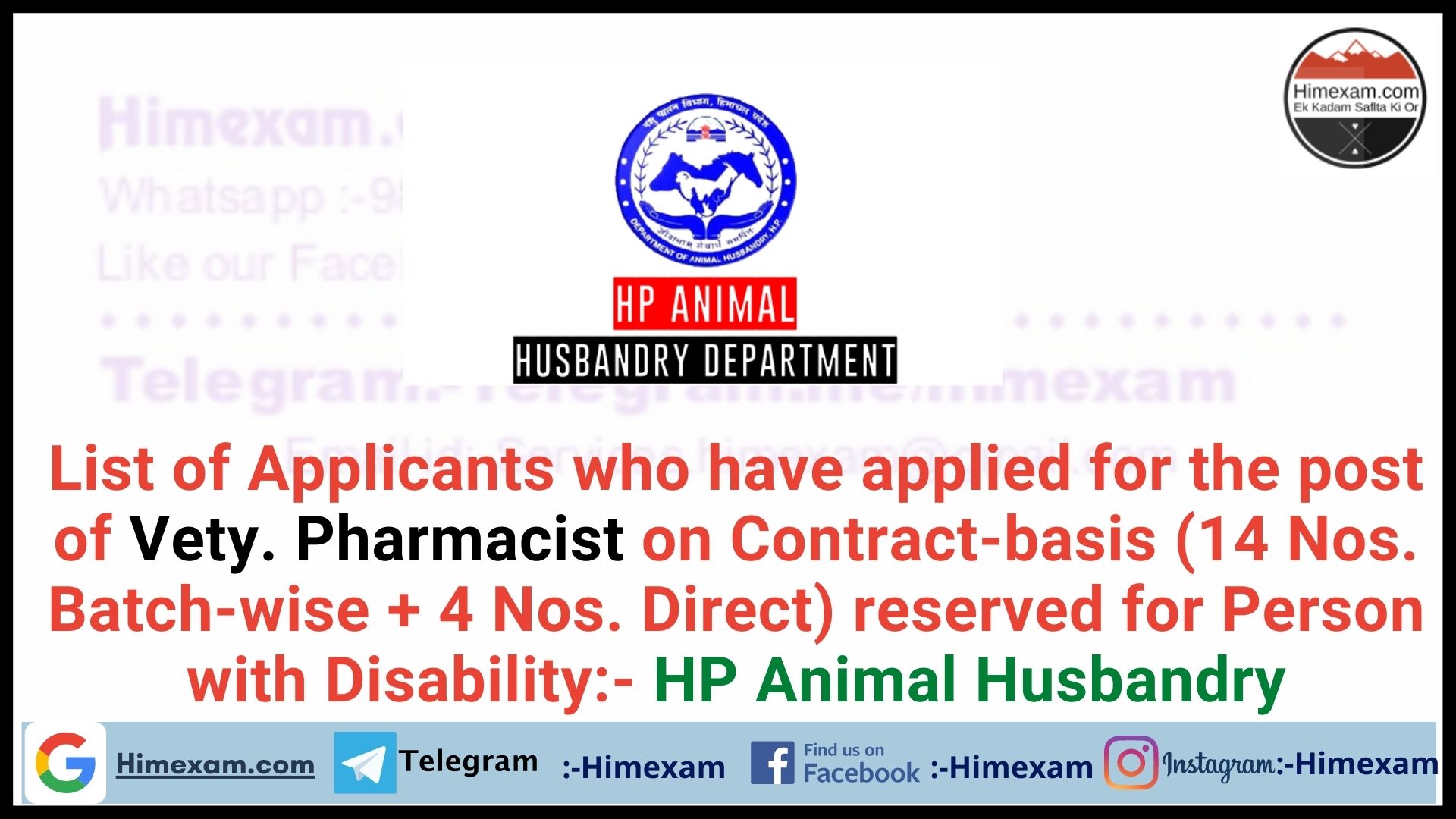 List of Applicants who have applied for the post of Vety. Pharmacist on Contract-basis (14 Nos. Batch-wise + 4 Nos. Direct) reserved for Person with Disability:- HP Animal Husbandry