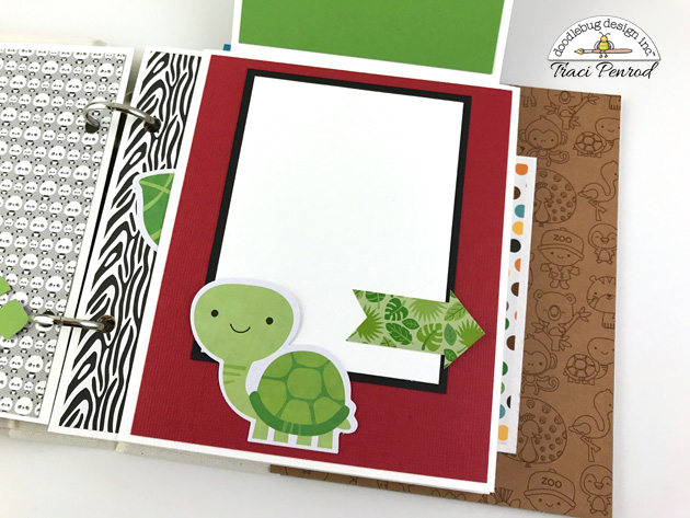 Zoo Scrapbook Album page with a cute turtle, a zebra print, and a flip-up card