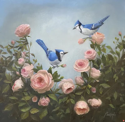 Blue Jays in Rose Garden painting Patt Baldino