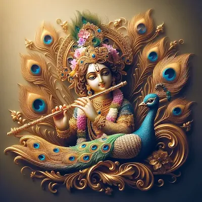 Lord Krishna is standing and playing flute made of bass