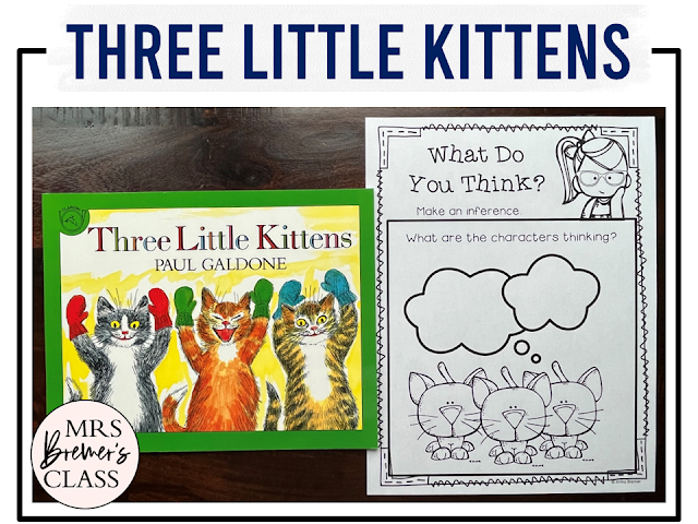 Three Little Kittens book activities unit with literacy printables, reading companion activities, lesson ideas, and a craft for Kindergarten and First Grade