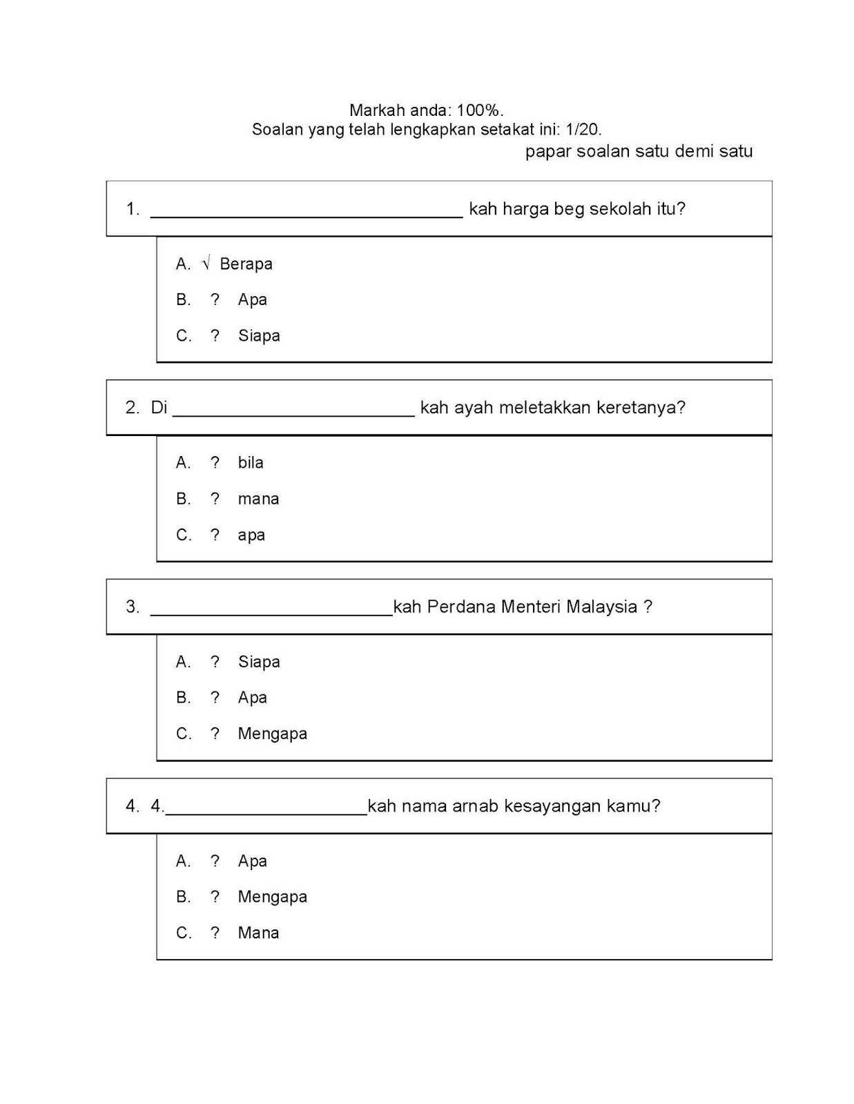 CIKGU BAHASA TAHAP 1: BAHASA MELAYU-TAHUN 2 KUIZ KATA TANYA