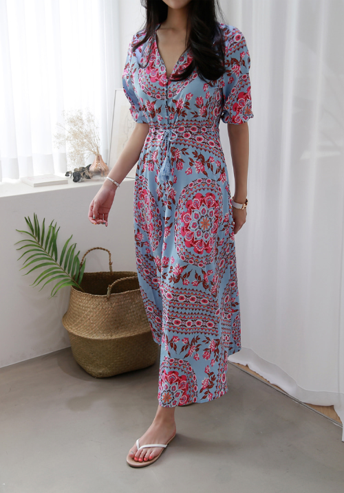  Button-Front Patterned V-Neck Dress