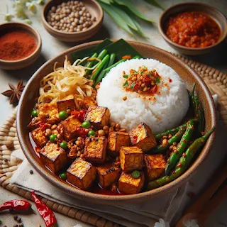 Tempe orek teri pedas manis dalam piring dengan nasi putih, lalapan, dan sambal