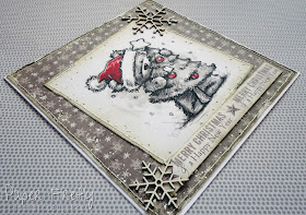 Shabby chic Christmas card with little bear with tree (image is LOTV art pad - discontinued)