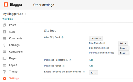 Setting RSS Feeds Blogger