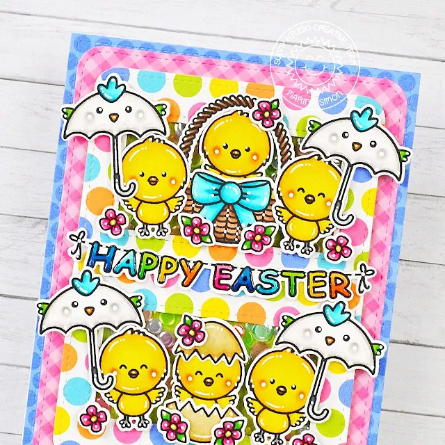 Sunny Studio Easter Chick Card using Chickie Baby Spring Showers Clear Craft Stamps & Rounded Rectangle Mat Metal Cutting Die