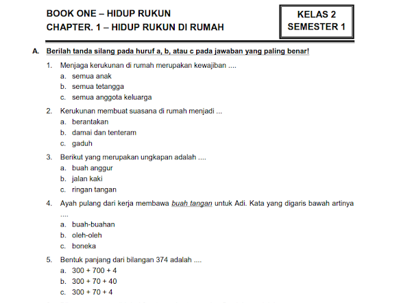 Contoh Soal Ujian Semester 1 Kelas 2 Sd Kurikulum 2013
