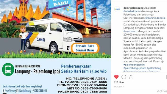 Harga Tiket Damri Lampung Palembang 2020 dan Jadwalnya