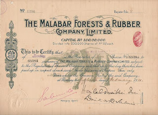 image of a share of 50 Rupees in the Indian Malabar Forests and Rubber Company