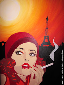 Paris Acryl Bild malen zeichnen Anleitung Pinsel selber machen DIY Idee Vorlage Motiv Kunst Atelier Acrylfarben Wasserfarben Pop ARt, popart, Vintage, Retro, Paris, Sonnenuntergang Frau, Rauchen Sexy Lady, Eifelturm