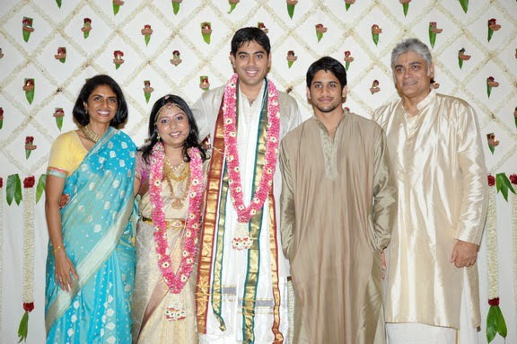 Telugu Actor Naga Chaitanya with Mother Lakshmi Daggubati Vijayaraghavan (Left) & Step-father Sharath Vijayaraghavan (Right) at Step-brother Wedding | Telugu Actor Naga Chaitanya Mother & Nagarjuna Ex-Wife Lakshmi Daggubati Photos | Family Photos | Real-Life Photos