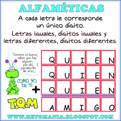 Alfamética, Criptoaritmética, Criptosuma, Criptograma, Juego de Palabras, Suma de Palabras, Amor y Amistad, Descubre el número, El número oculto