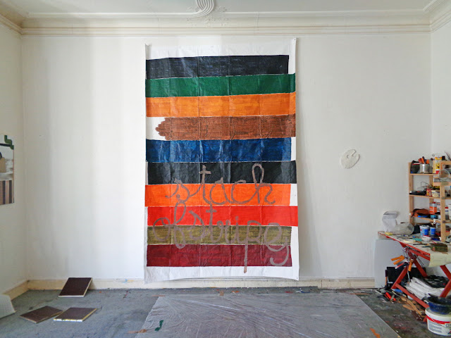 Stack of stripes, acrylic on prepared (gesso) tarpaulin.