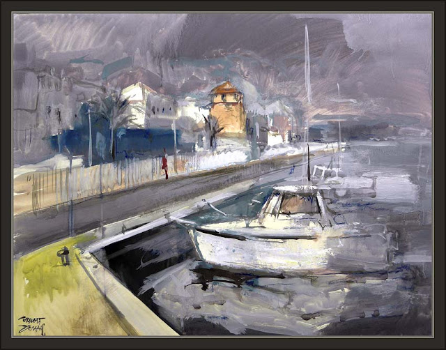 CAMBRILS-PINTURA-TARRAGONA-PORT-PUERTO-MARINA-TORMENTA-CUADROS-VIAJES-PINTOR-ERNEST DESCALS-