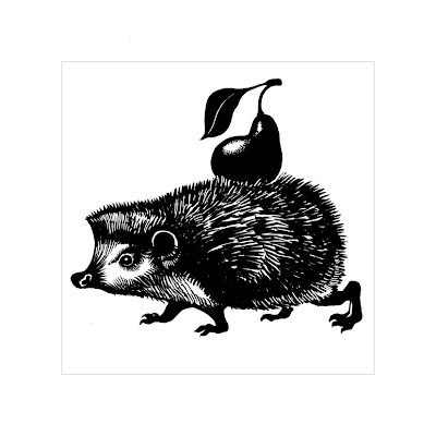 cute hedgehog carrying a fruit (funny black and white drawing)