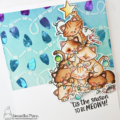 Tis the Season to be Meowy Card by Samantha Mann for Newton's Nook Designs,Newton's Nook, Christmas, Christmas Card, Distress Inks, Deco Foil, Foil, #newtonsnook #newtonsnookdesigns #christmascard #christmas #cardmaking #decofoil #distressinks