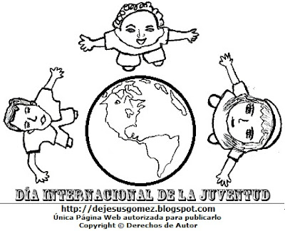 Dibujo de jóvenes con el planeta tierra por el Día Internacional de la Juventud o Día de la Juventud para colorear, pintar o imprimir. Imagen de Jesus Gómez