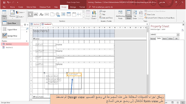 إضافة مجموعة خيارات option group من مجموعة الأدوات controls في برنامج الاكسيس Ms access