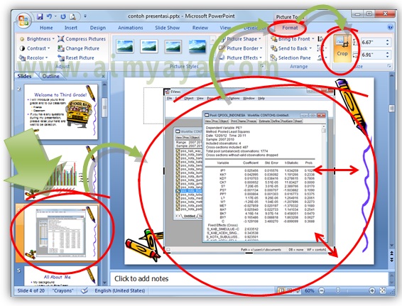  Gambar:  Cara memasukkan gambar tampilan screen ke dalam slide presentasi powerpoint dan melakukan proses cropping