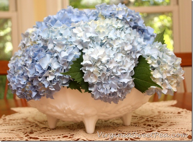 Hydrangeas in Milk Glass Bowl