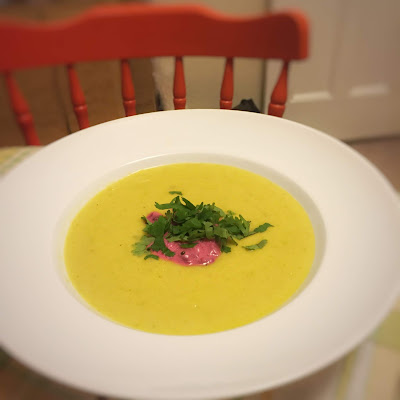 Spiced parsnip soup with beetroot raita