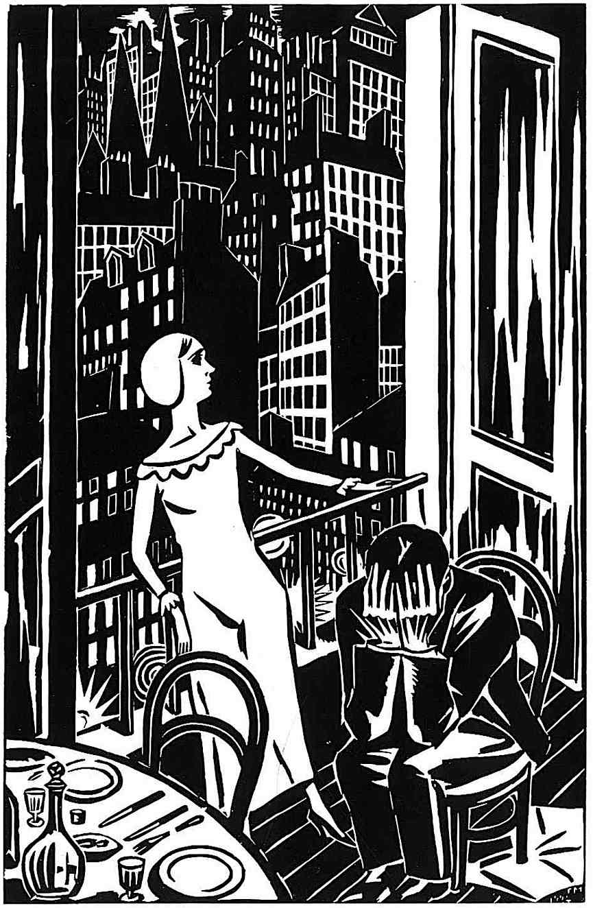 a Frans Masereel woodcut, a couple's urban depression and sadness