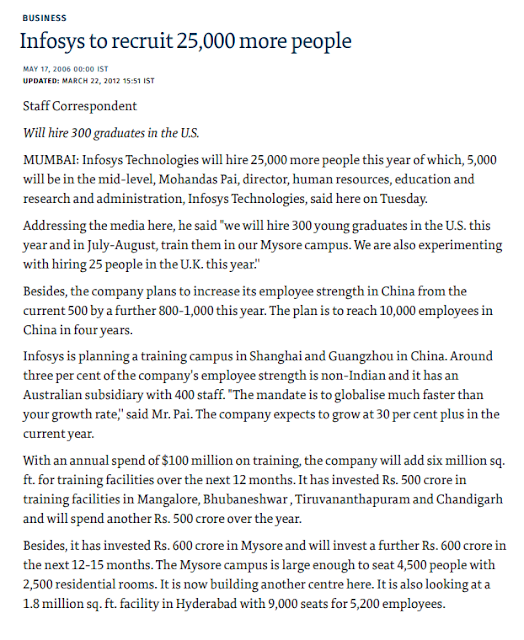 Infosys hiring 25,000 people news article from "The Hindu" - May 2006