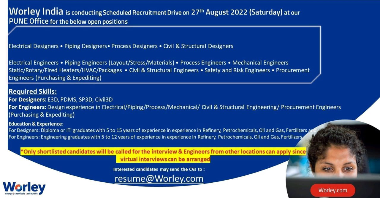 Job Available's for Worley Engineer Walk In Interview For Process/ Piping/ Electrical/ Mechanical Engineer